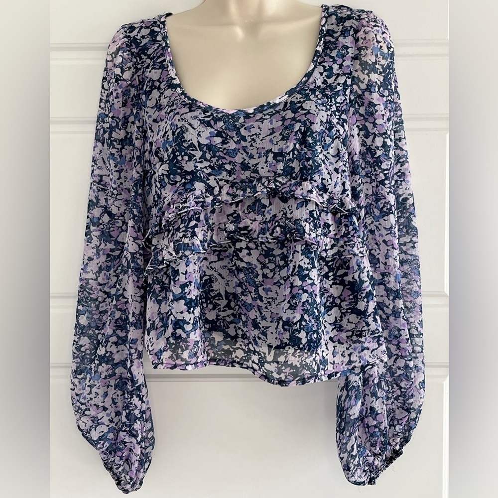 Abercrombie & Fitch Women's XS Purple Floral Sheer Sleeve Ruffle Blouse Romantic